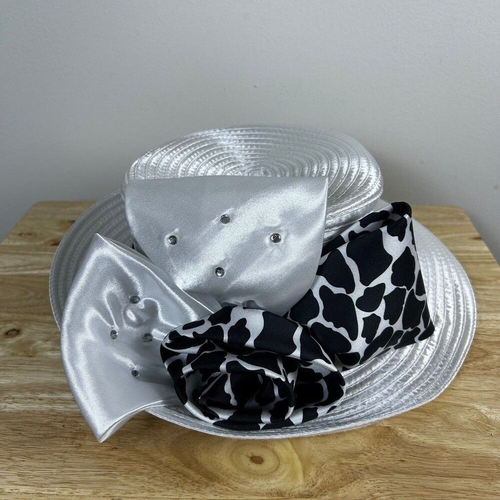 Regalia Womens Church Hat White Satin Ribbon Cow Print Bow Rhinestone Pillbox